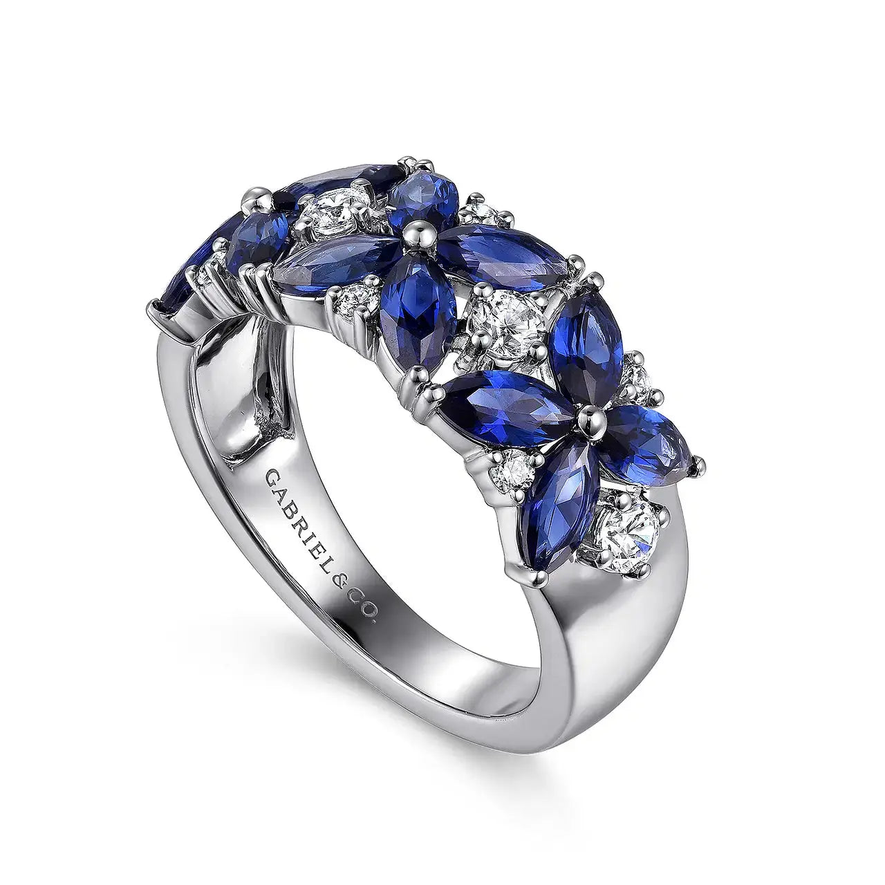 14K White Gold Diamond & Blue Sapphire Floral Ring - THEDIAMONDSTORE