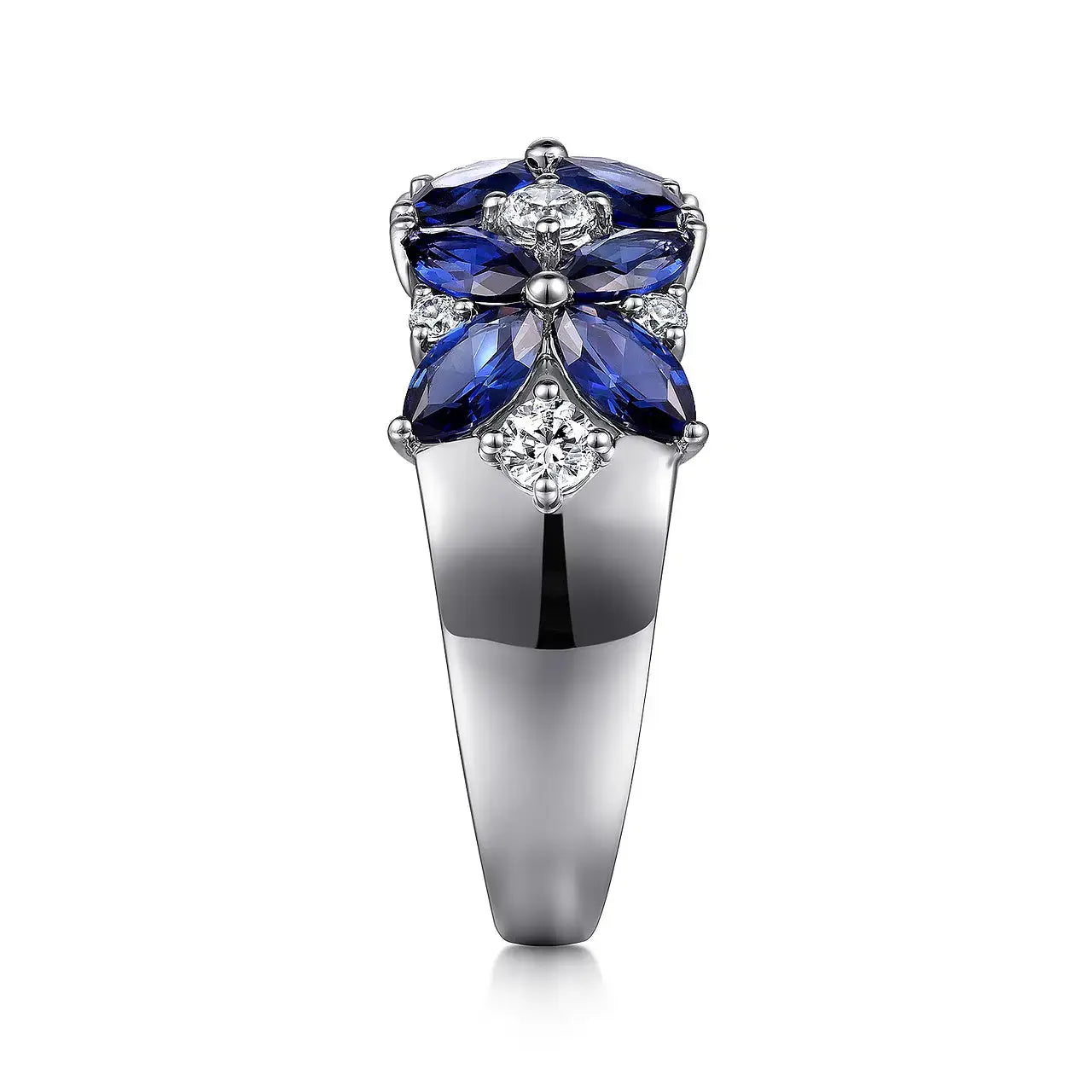 14K White Gold Diamond & Blue Sapphire Floral Ring - THEDIAMONDSTORE