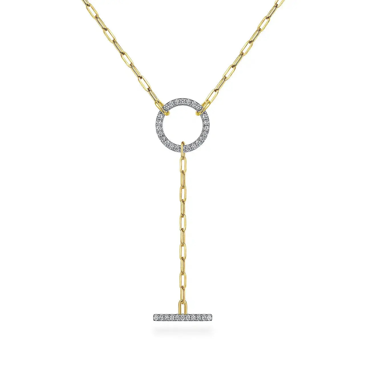14K Yellow Gold Bar Y-Knot Necklace with Hollow Paperclip Chain - THEDIAMONDSTORE