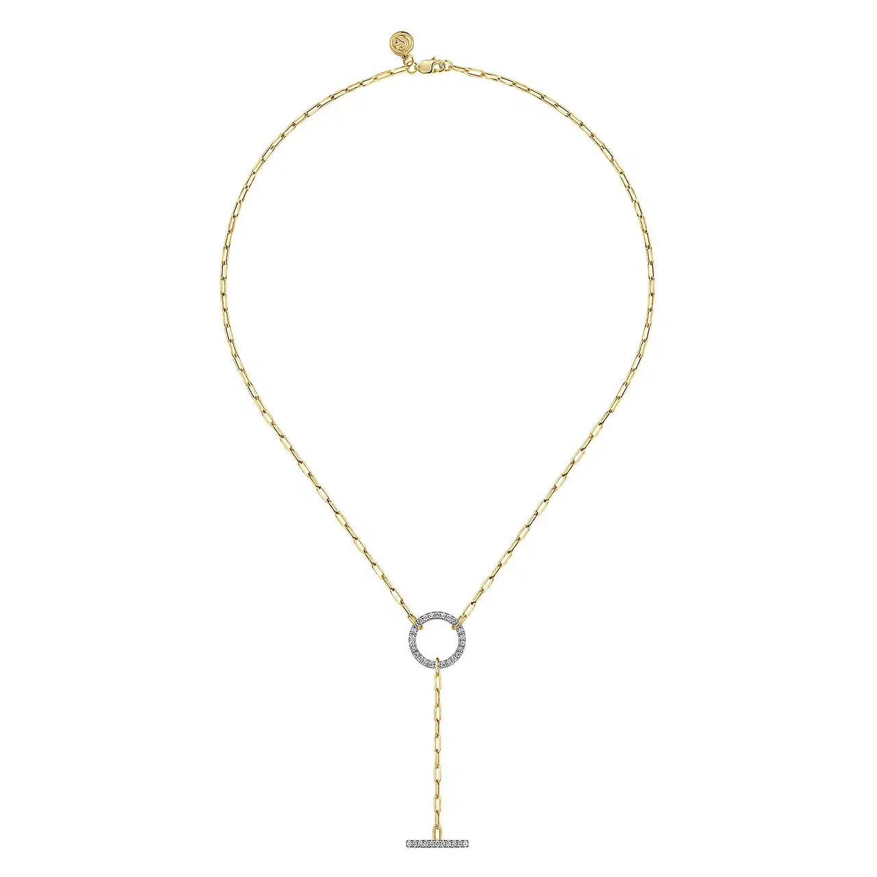 14K Yellow Gold Bar Y-Knot Necklace with Hollow Paperclip Chain - THEDIAMONDSTORE