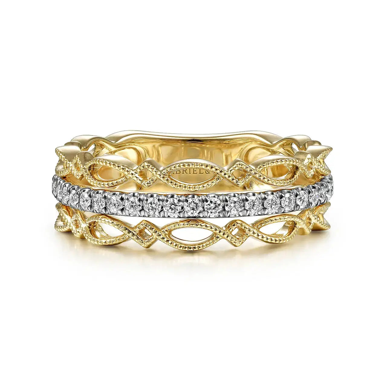 14K Yellow Gold Geometric & Diamond Three-Row Stackable Ring - THEDIAMONDSTORE