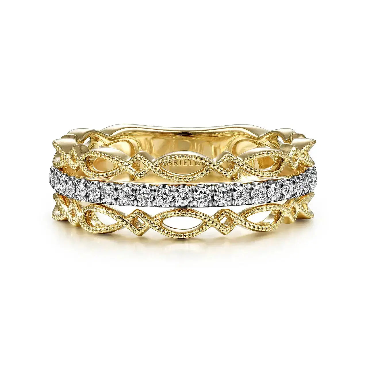 14K Yellow Gold Geometric & Diamond Three-Row Stackable Ring by THEDIAMONDSTORE | The Diamond Store Las Vegas