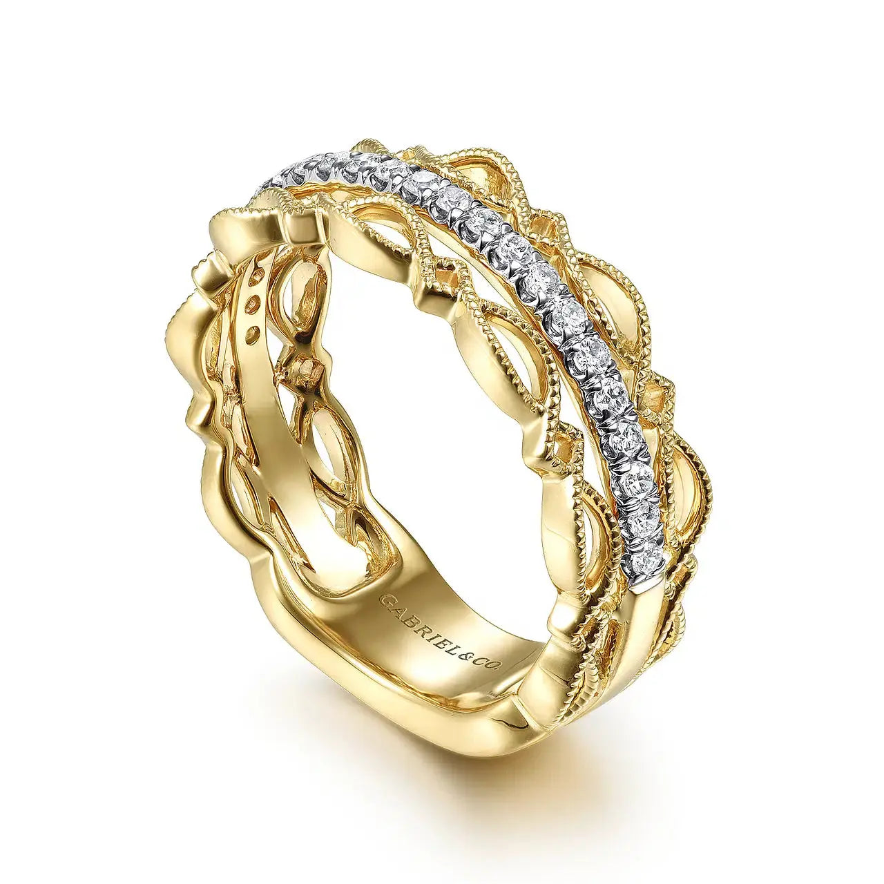14K Yellow Gold Geometric & Diamond Three-Row Stackable Ring - THEDIAMONDSTORE