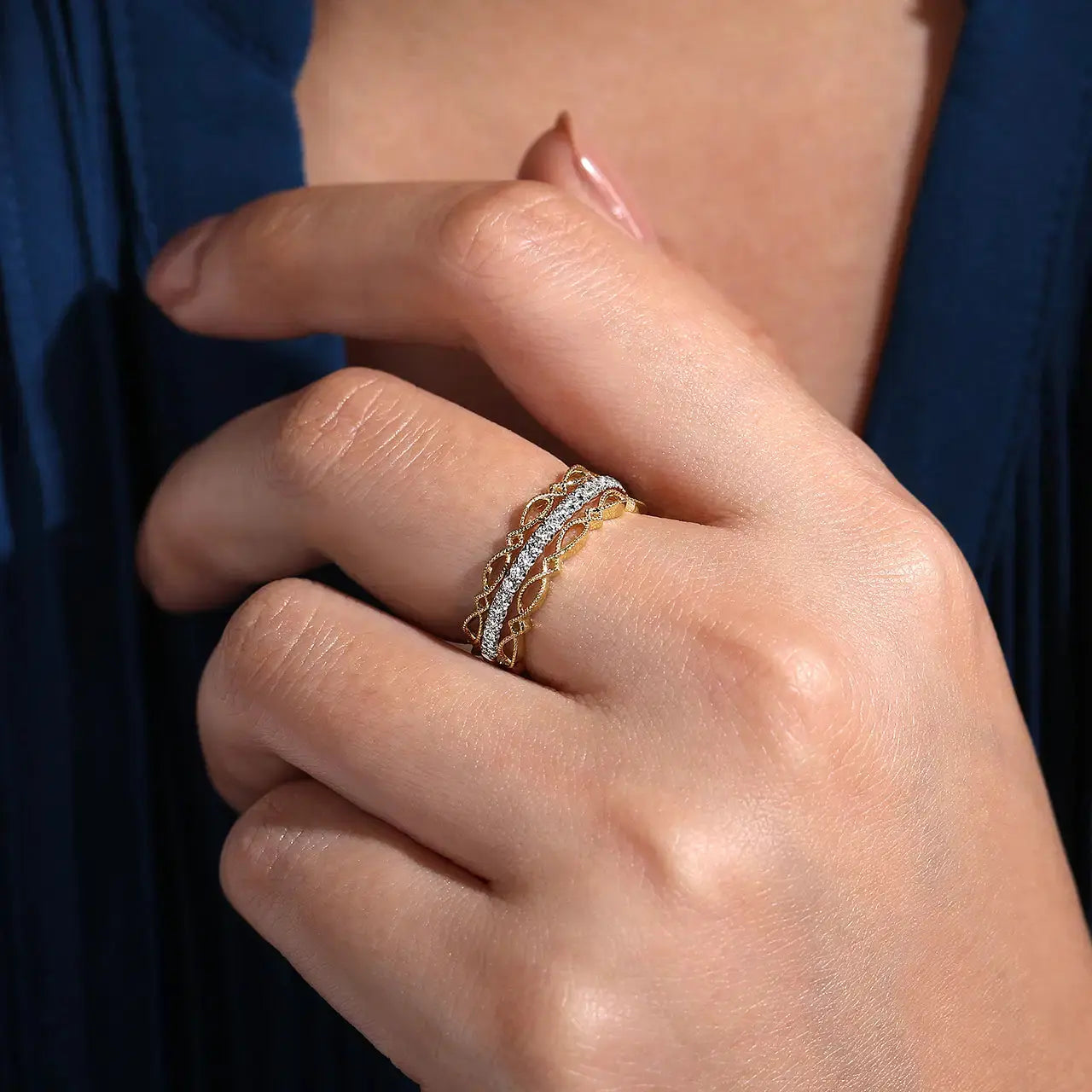 14K Yellow Gold Geometric & Diamond Three-Row Stackable Ring - THEDIAMONDSTORE