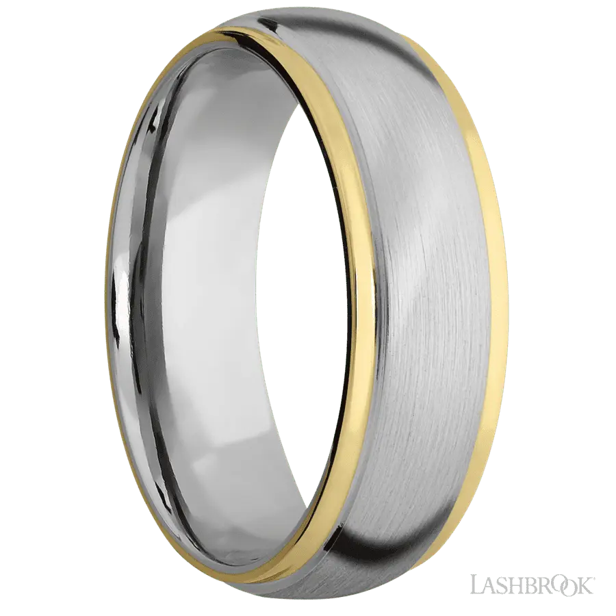 7 mm wide/Domed Stepped Down Edges/14K White Gold band with two 1 mm Edge inlays of 14K Yellow Gold.