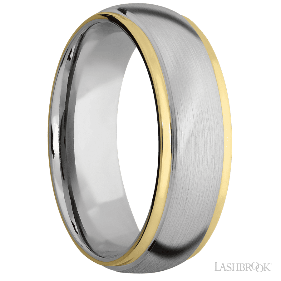 7 mm wide/Domed Stepped Down Edges/14K White Gold band with two 1 mm Edge inlays of 14K Yellow Gold.
