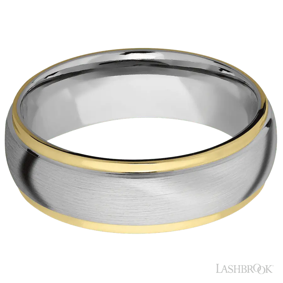 7 mm wide/Domed Stepped Down Edges/14K White Gold band with two 1 mm Edge inlays of 14K Yellow Gold.