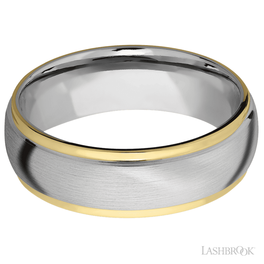 7 mm wide/Domed Stepped Down Edges/14K White Gold band with two 1 mm Edge inlays of 14K Yellow Gold.