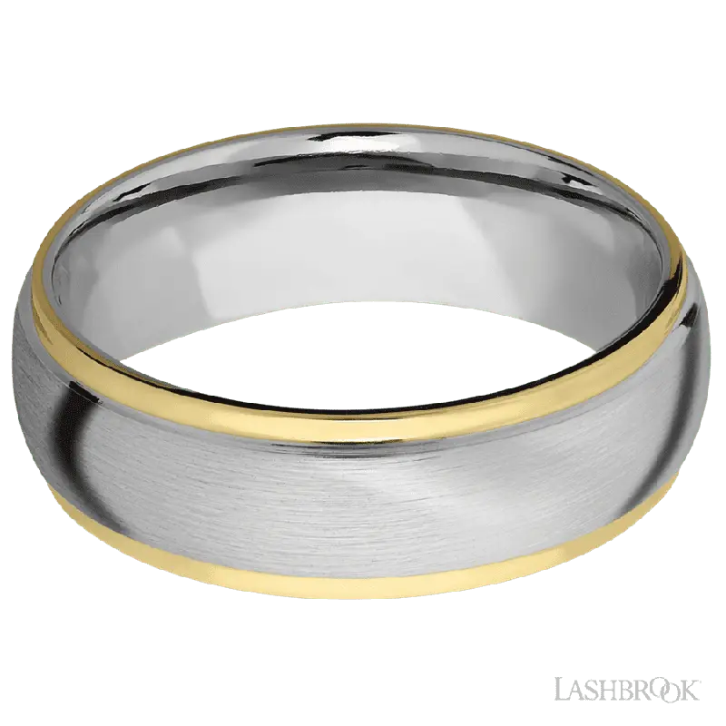 7 mm wide/Domed Stepped Down Edges/14K White Gold band with two 1 mm Edge inlays of 14K Yellow Gold.