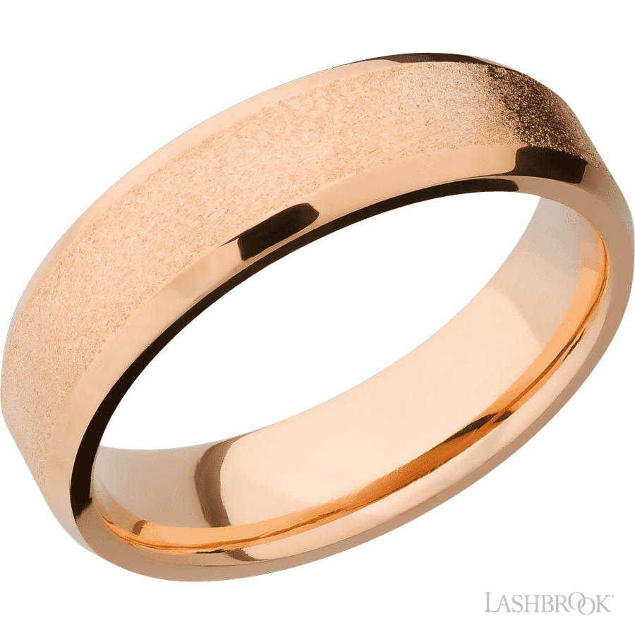6 mm wide Beveled 14K Rose Gold band.