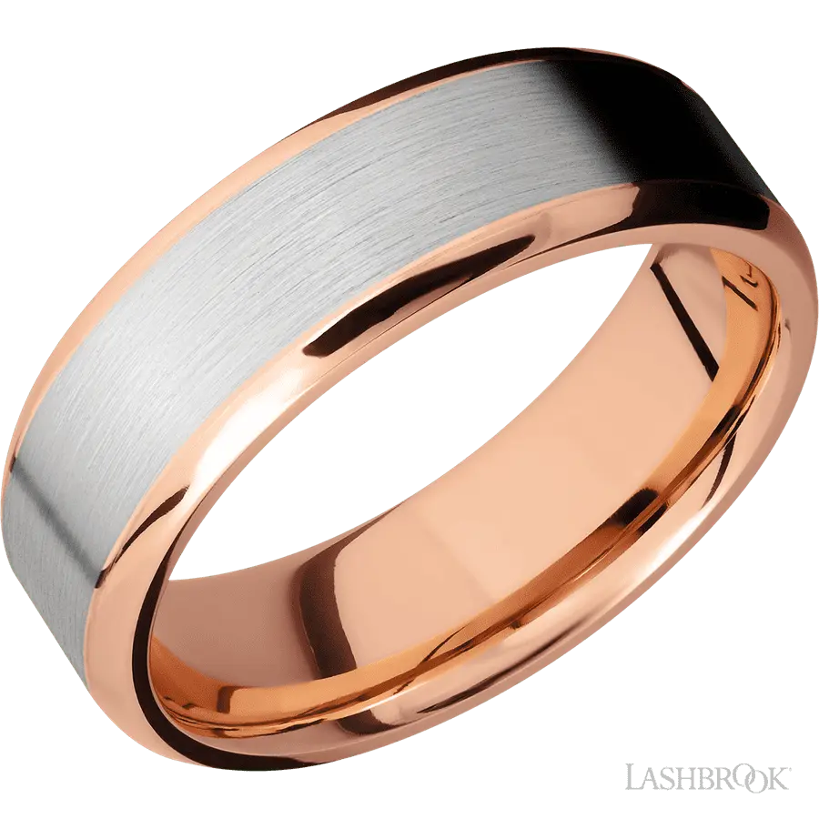 7 mm wide/Beveled/14K Rose Gold band with one 5 mm Centered inlay of 14K White Gold.