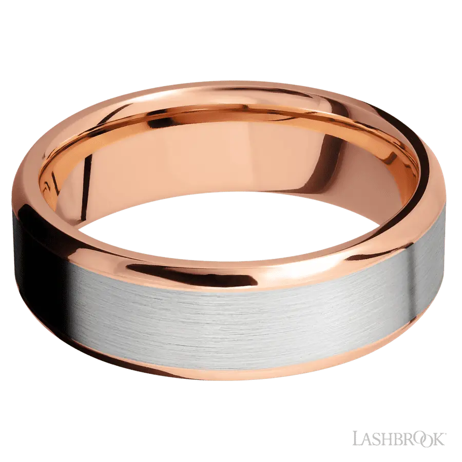 7 mm wide/Beveled/14K Rose Gold band with one 5 mm Centered inlay of 14K White Gold.