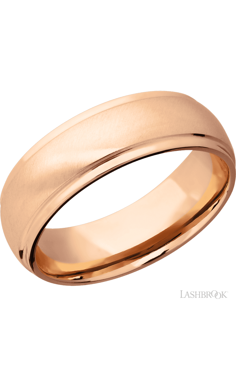 7 mm wide Domed Stepped Down Edges 14K Rose Gold band.