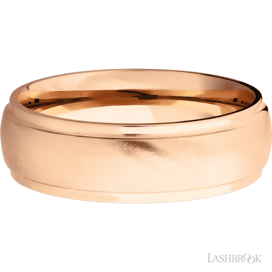 7 mm wide Domed Stepped Down Edges 14K Rose Gold band.