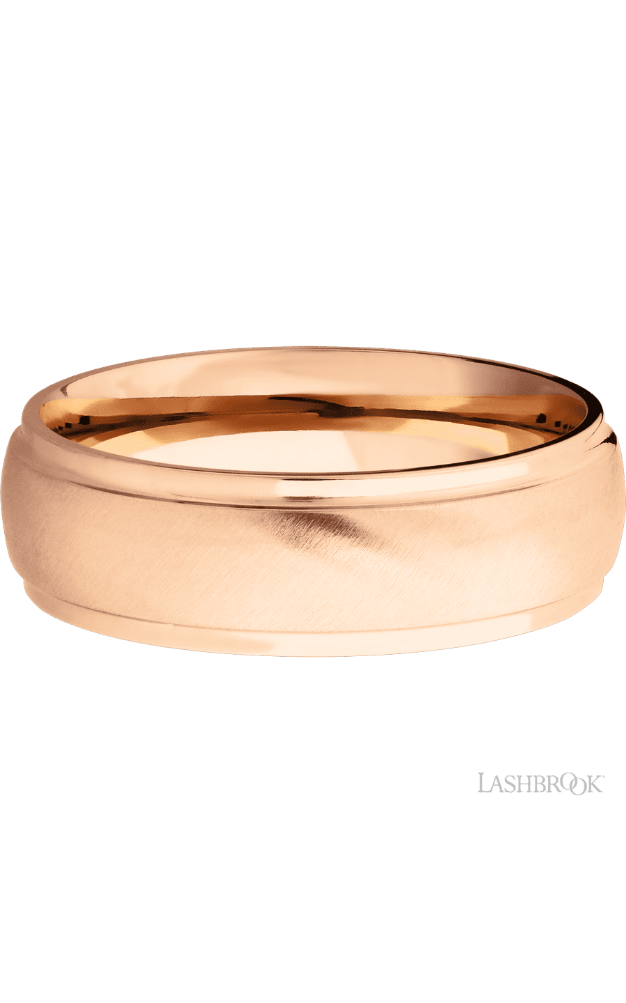 7 mm wide Domed Stepped Down Edges 14K Rose Gold band.
