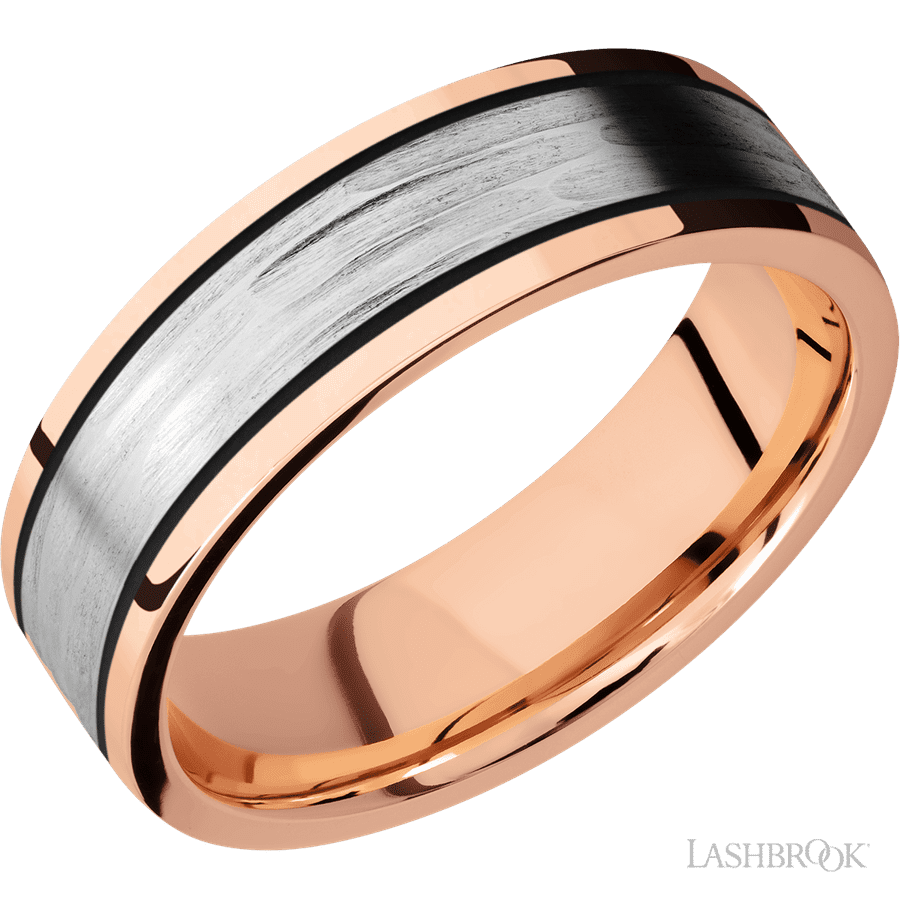 7 mm wide/Flat/14K Rose Gold band with one 4 mm Centered inlay of 14K White Gold.