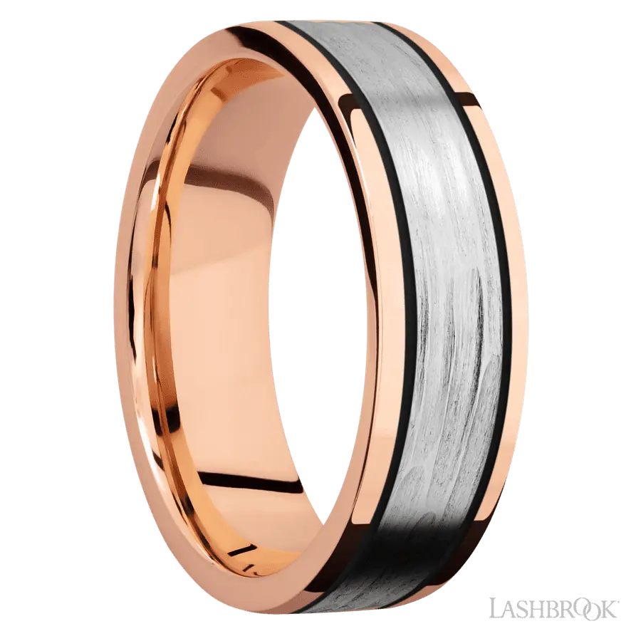 7 mm wide/Flat/14K Rose Gold band with one 4 mm Centered inlay of 14K White Gold.