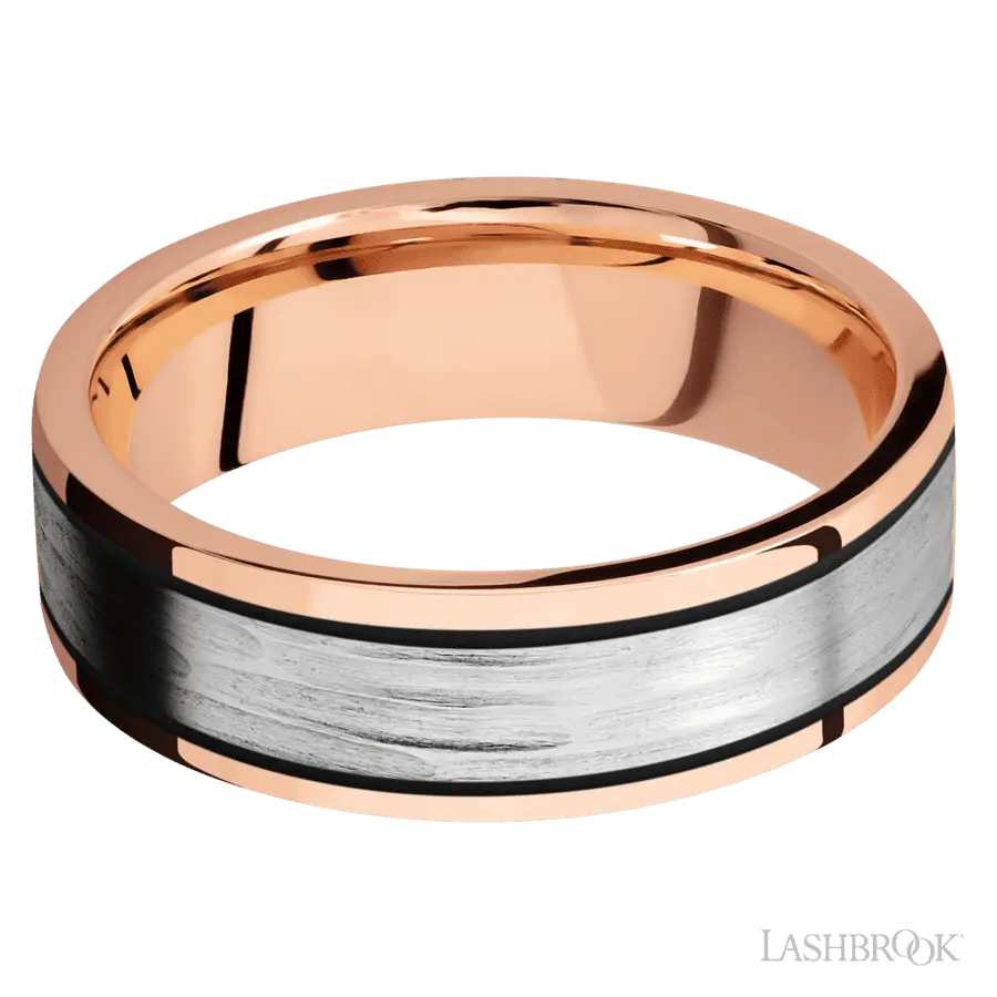 7 mm wide/Flat/14K Rose Gold band with one 4 mm Centered inlay of 14K White Gold.