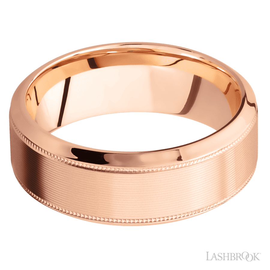 8 mm wide High Bevel Milgrain 14K Rose Gold band.