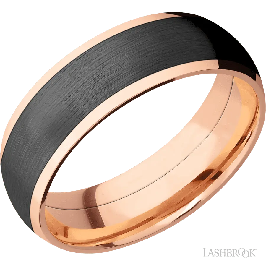 7 mm wide/Domed/14K Rose Gold band with one 5 mm Centered inlay of Zirconium. Lashbrook
