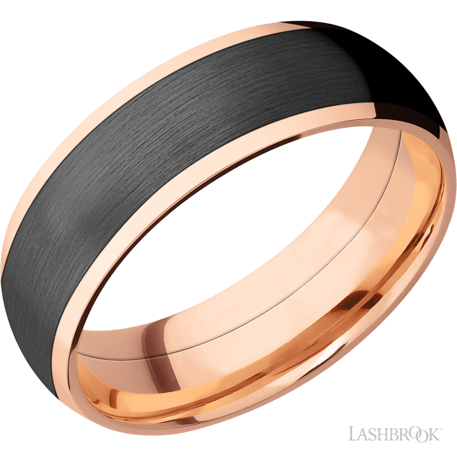7 mm wide/Domed/14K Rose Gold band with one 5 mm Centered inlay of Zirconium.