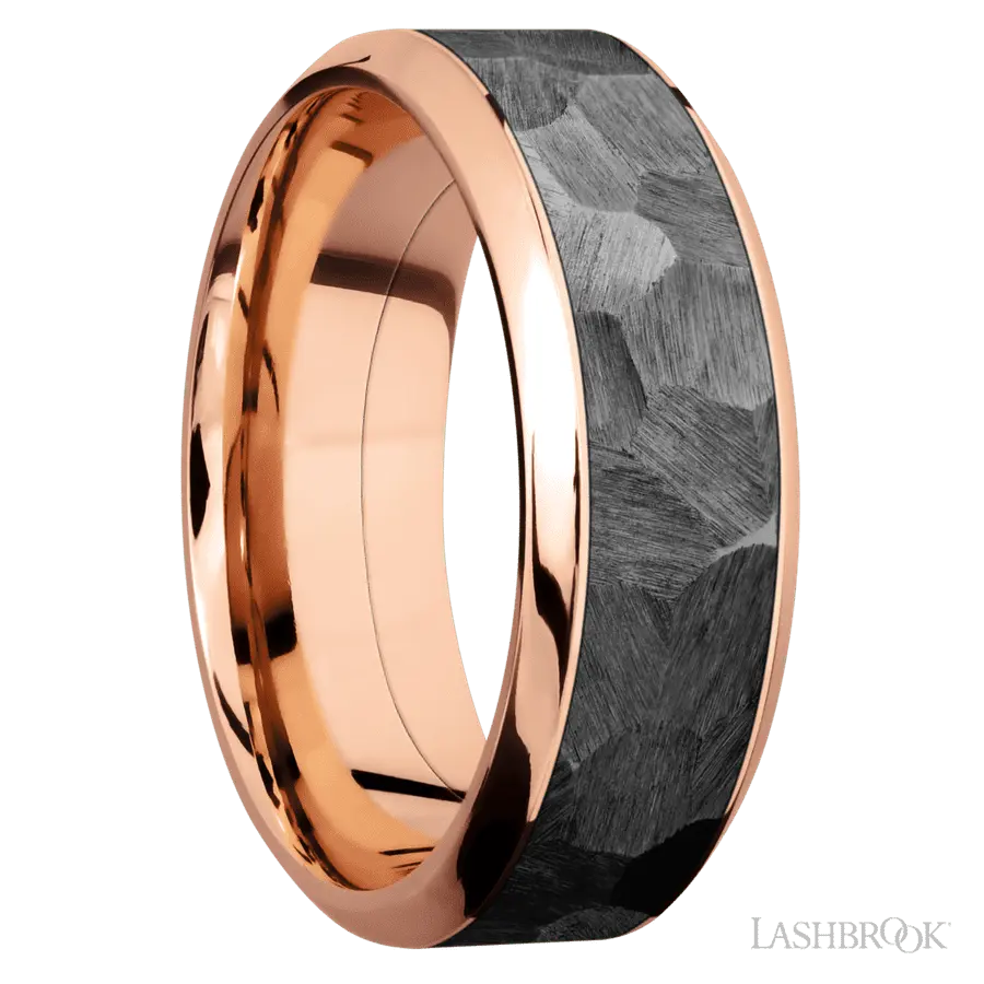 8 mm wide/High Bevel/14K Rose Gold band with one 5 mm Centered inlay of Zirconium.
