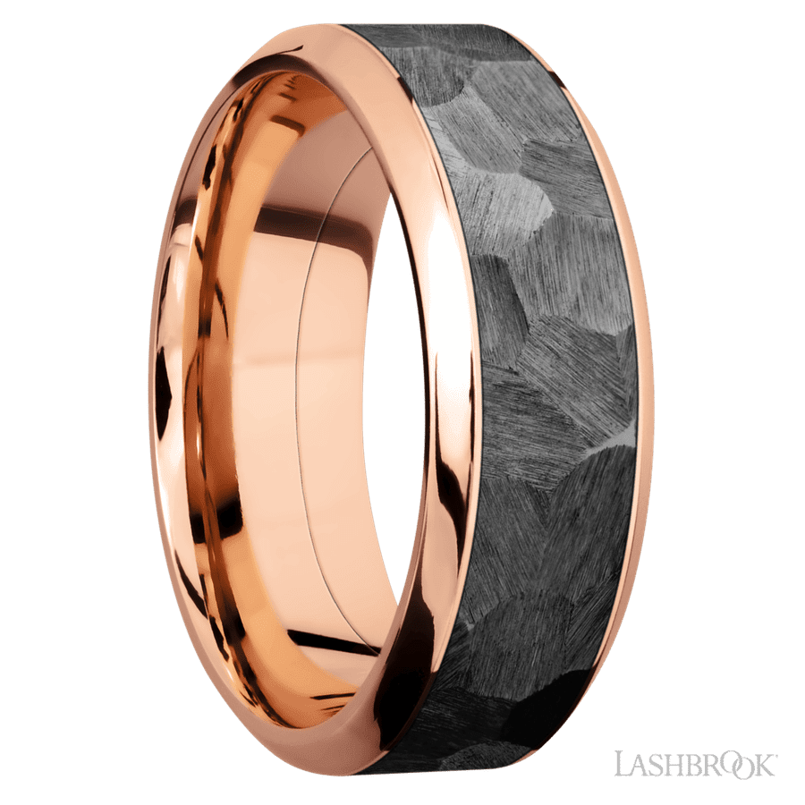 8 mm wide/High Bevel/14K Rose Gold band with one 5 mm Centered inlay of Zirconium.