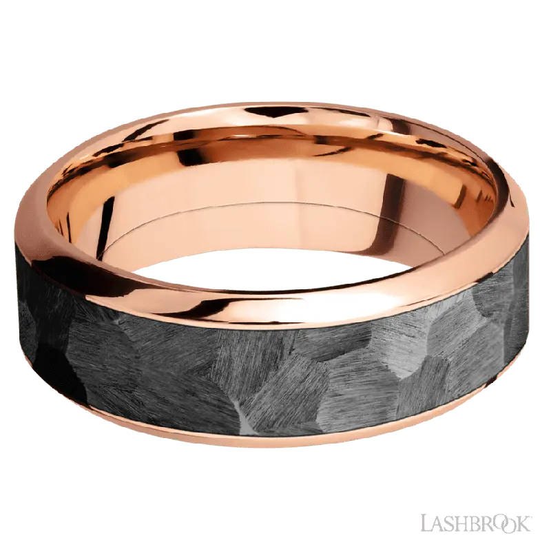 8 mm wide/High Bevel/14K Rose Gold band with one 5 mm Centered inlay of Zirconium.
