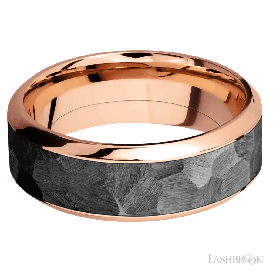 8 mm wide/High Bevel/14K Rose Gold band with one 5 mm Centered inlay of Zirconium.