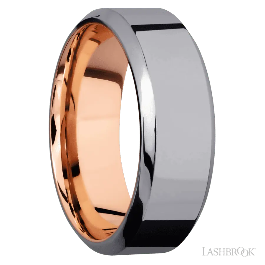 8 mm wide High Bevel Tantalum band featuring a 14K Rose Gold sleeve.