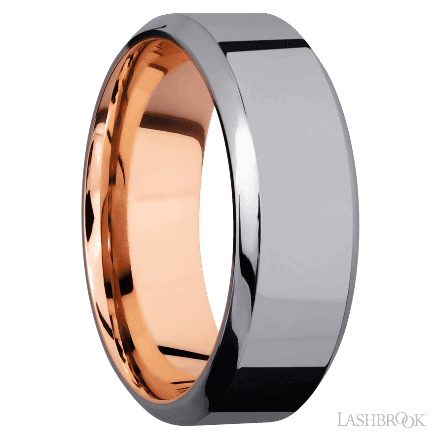 8 mm wide High Bevel Tantalum band featuring a 14K Rose Gold sleeve.