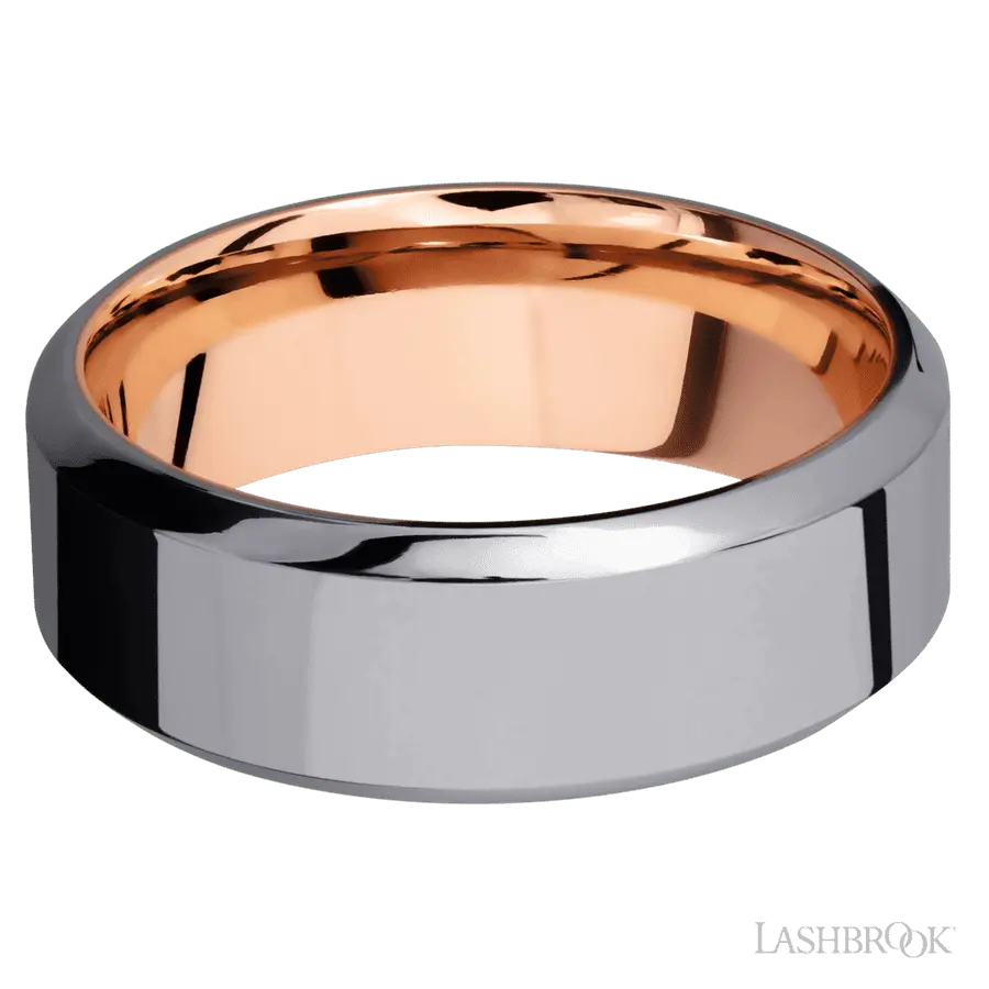 8 mm wide High Bevel Tantalum band featuring a 14K Rose Gold sleeve.