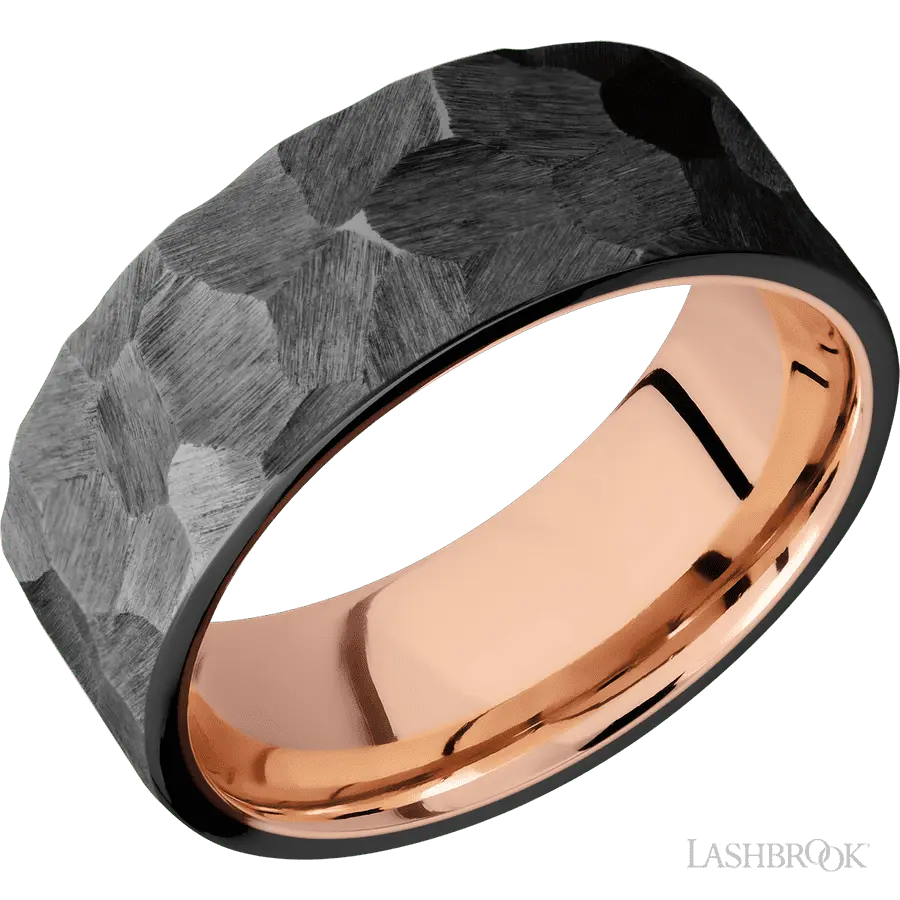 8 mm wide Flat Zirconium band featuring a 14K Rose Gold sleeve. Lashbrook