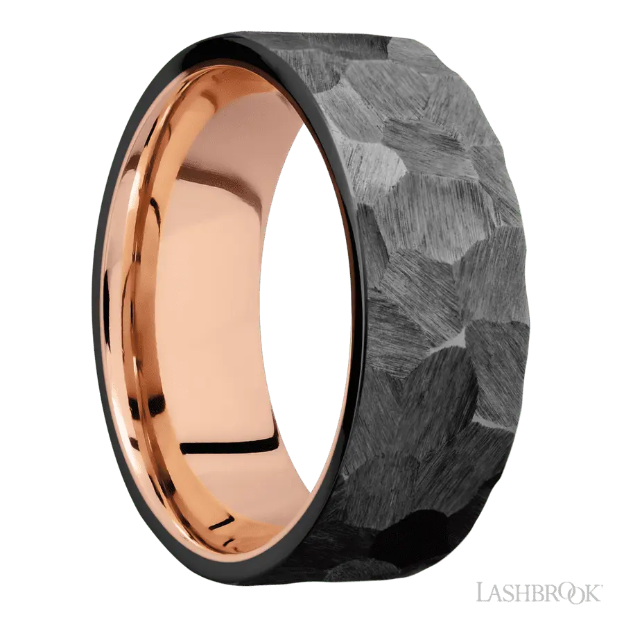 8 mm wide Flat Zirconium band featuring a 14K Rose Gold sleeve. Lashbrook