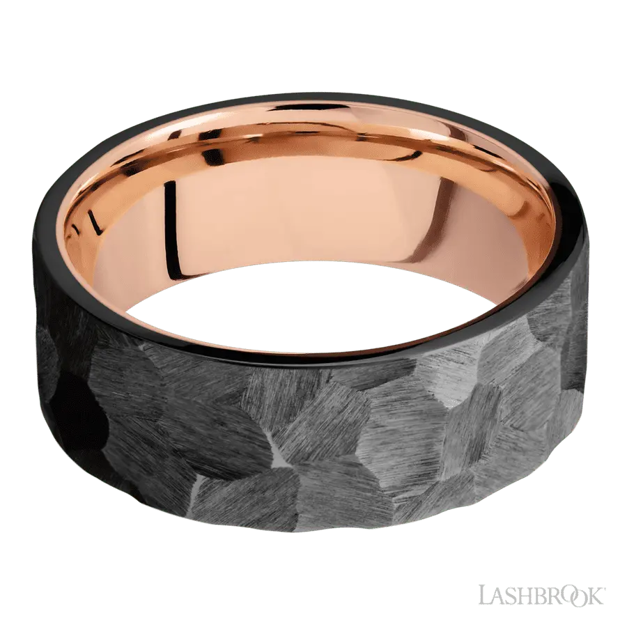 8 mm wide Flat Zirconium band featuring a 14K Rose Gold sleeve.
