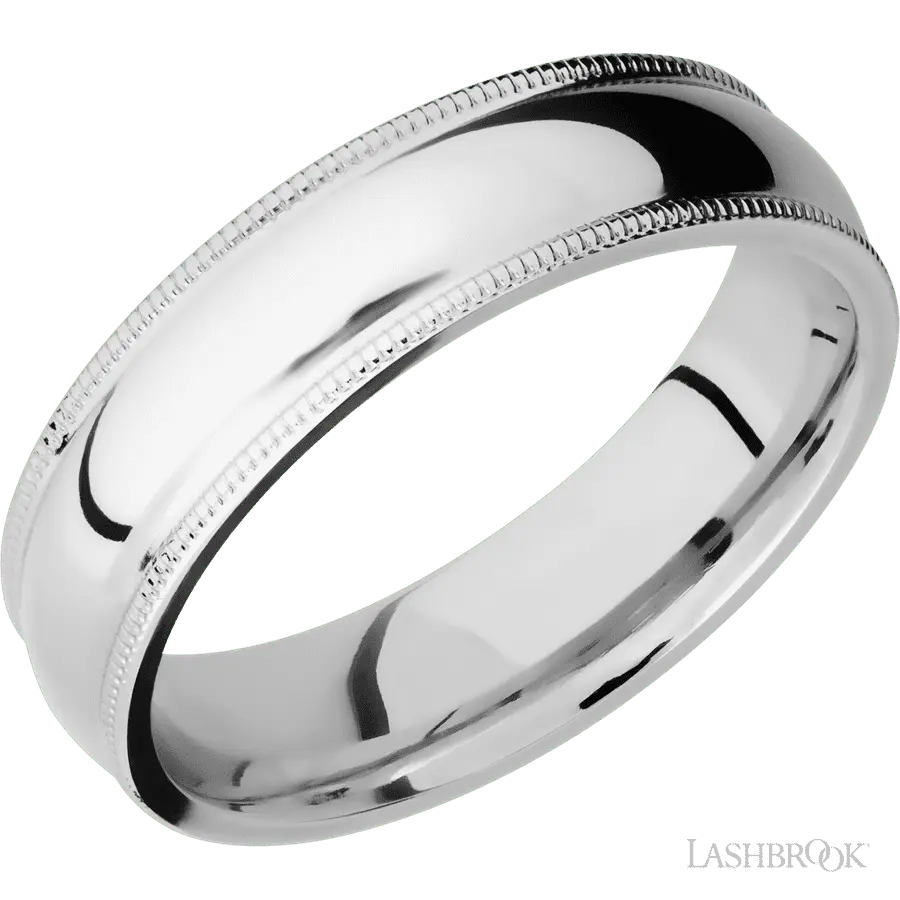 6 mm wide Domed Milgrain Edges 14K White Gold band. Lashbrook