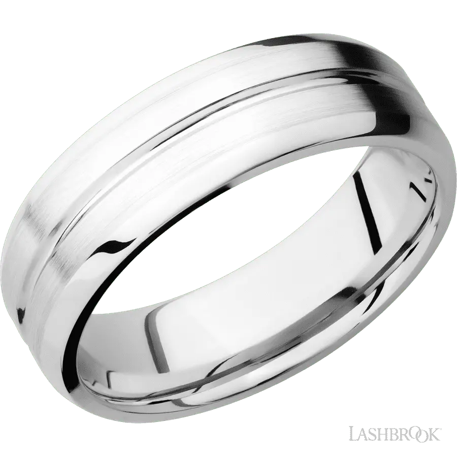 7 mm wide Beveled with Center Accent Groove 14K White Gold band. Lashbrook