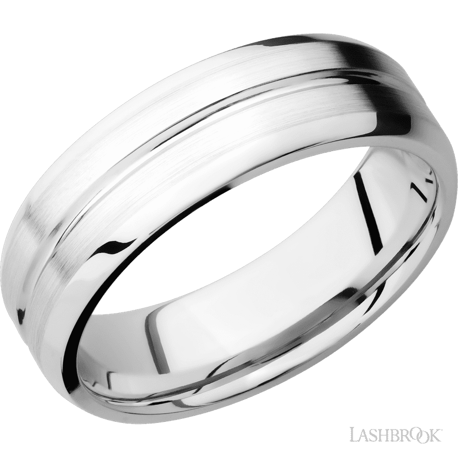 7 mm wide Beveled with Center Accent Groove 14K White Gold band.