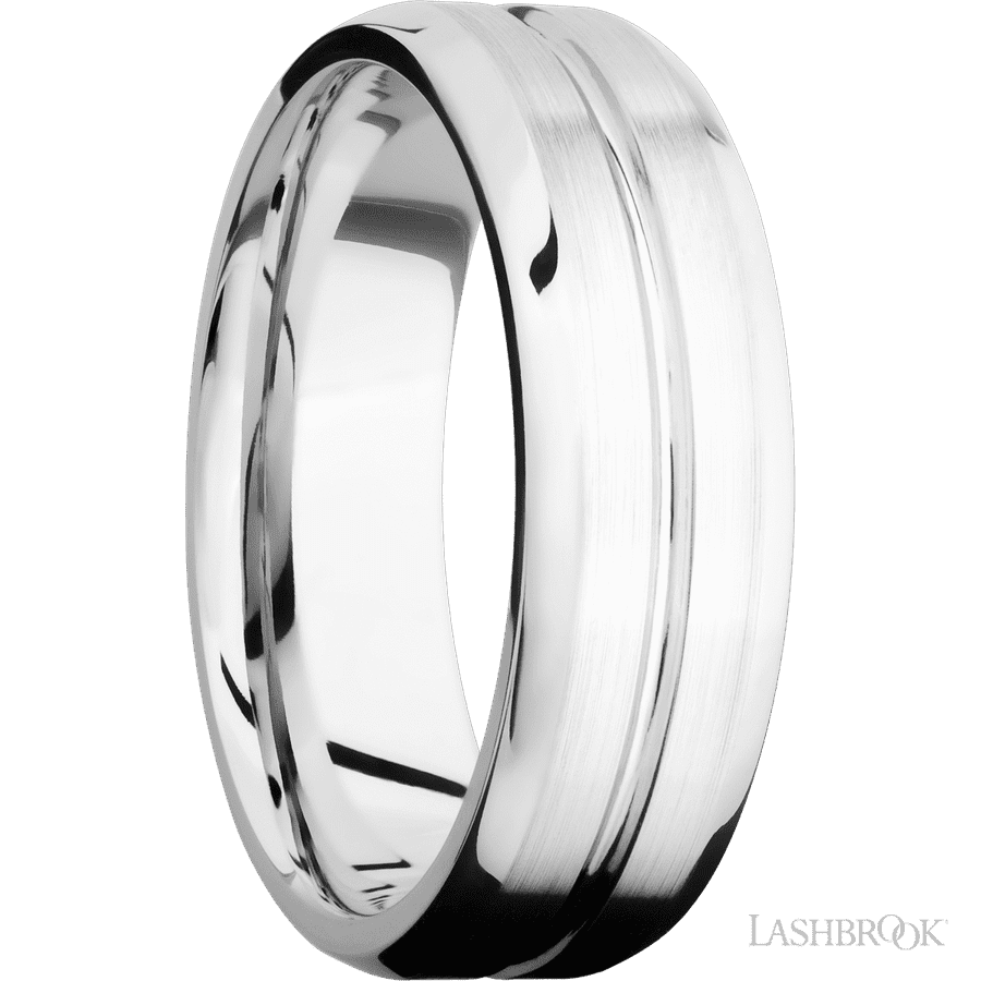 7 mm wide Beveled with Center Accent Groove 14K White Gold band.