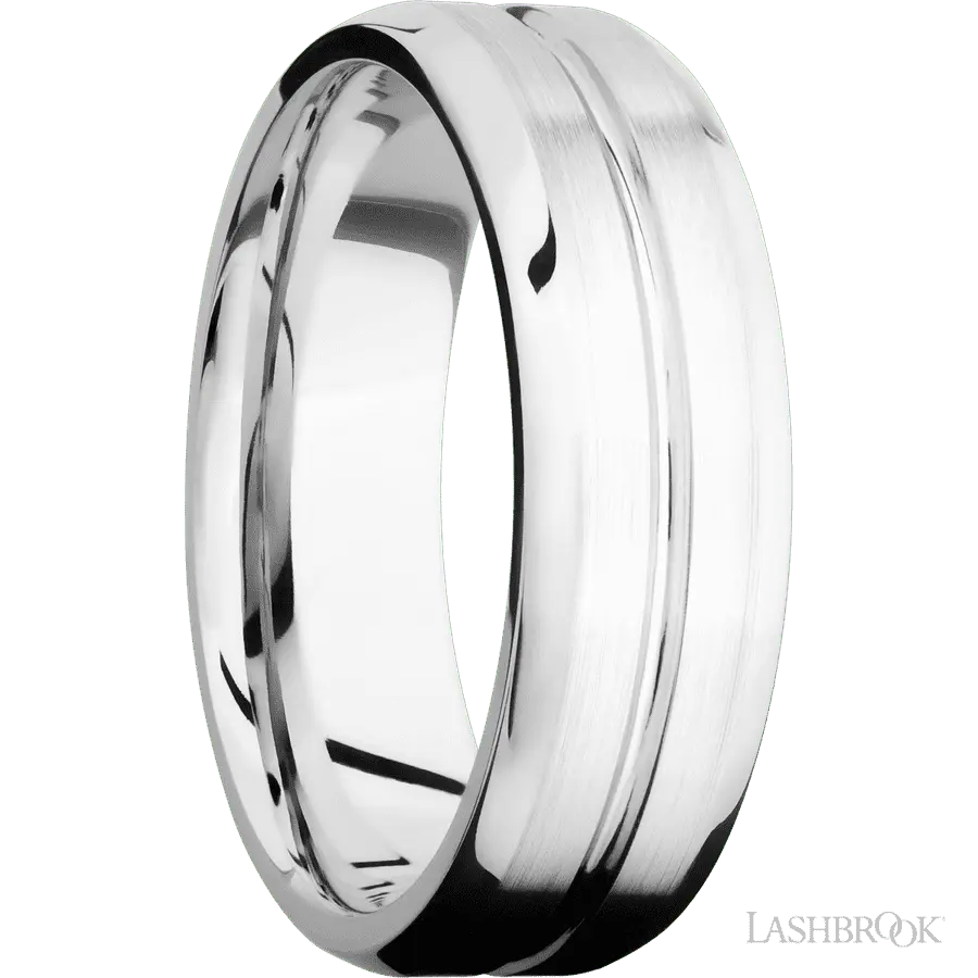 7 mm wide Beveled with Center Accent Groove 14K White Gold band. Lashbrook