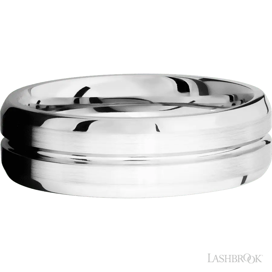 7 mm wide Beveled with Center Accent Groove 14K White Gold band.