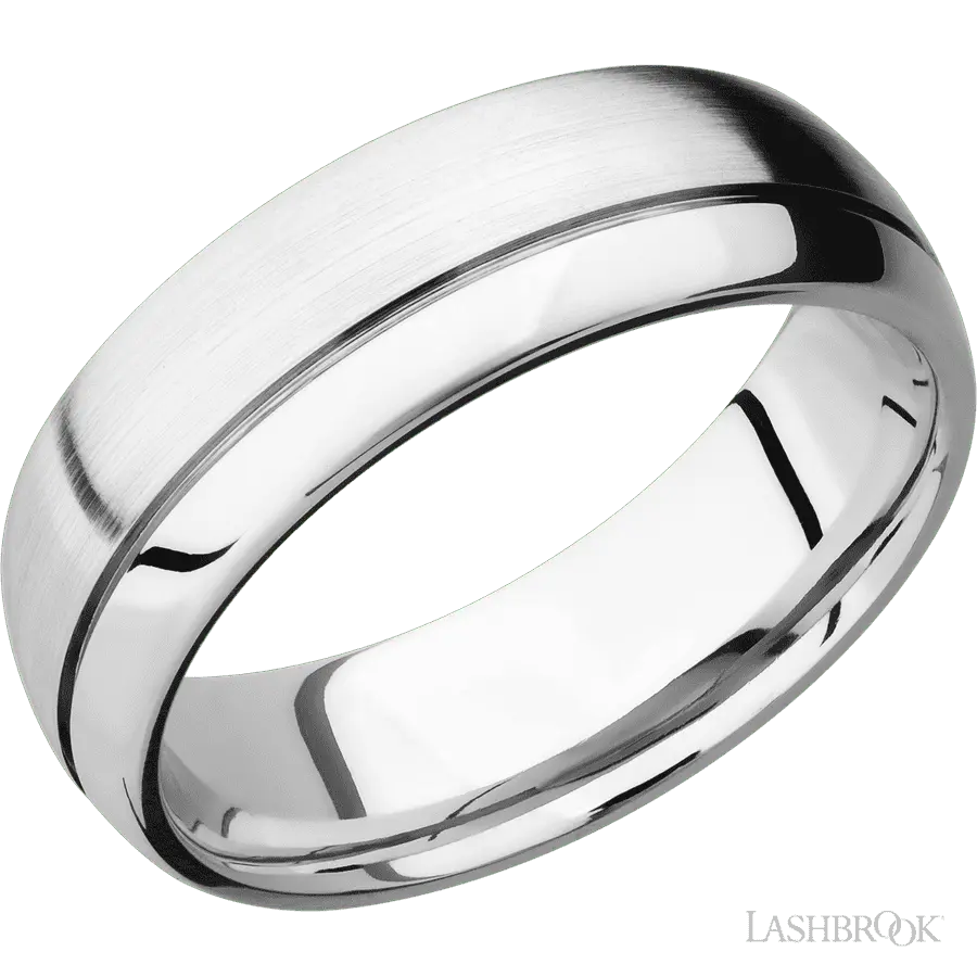 7 mm wide Domed with Off Center Accent Groove 14K White Gold band. Lashbrook