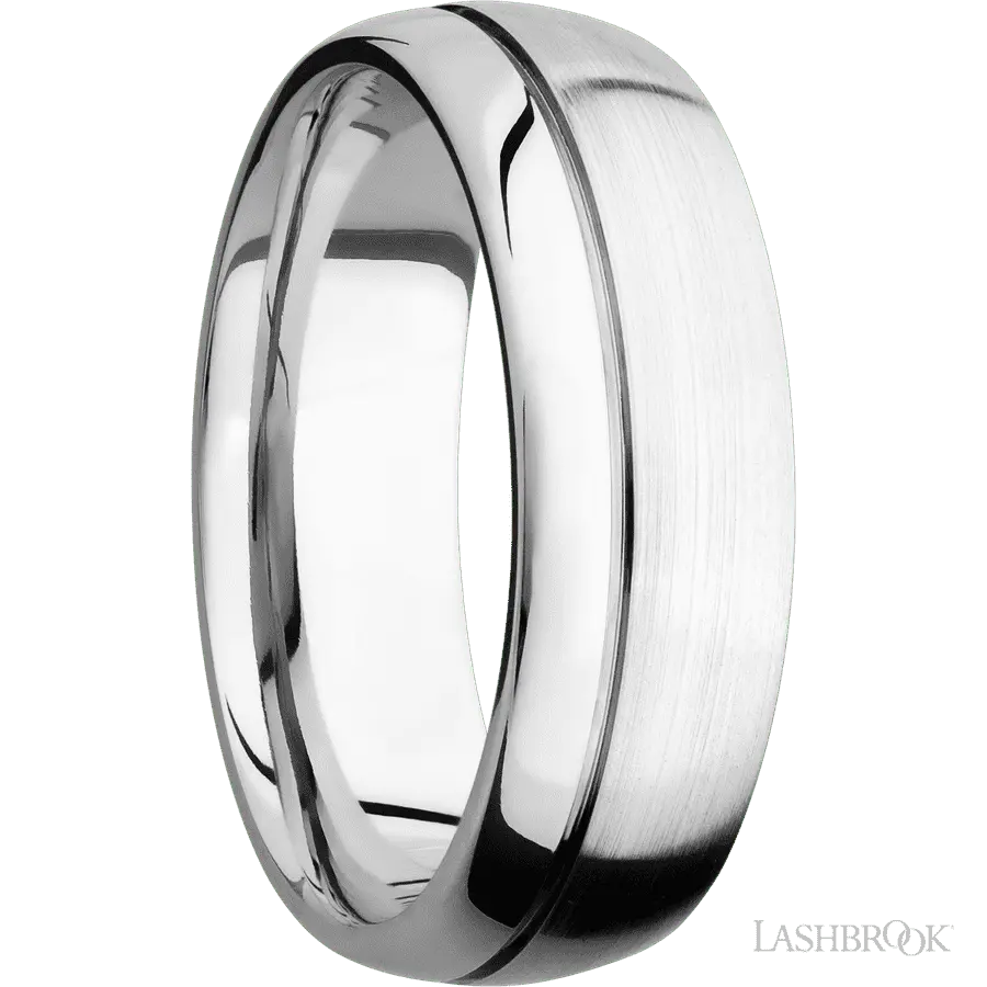 7 mm wide Domed with Off Center Accent Groove 14K White Gold band.