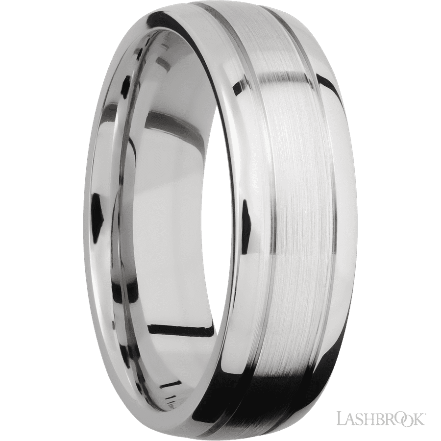 7 mm wide Domed with two accent grooves 14K White Gold band.