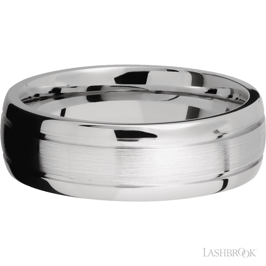 7 mm wide Domed with two accent grooves 14K White Gold band.