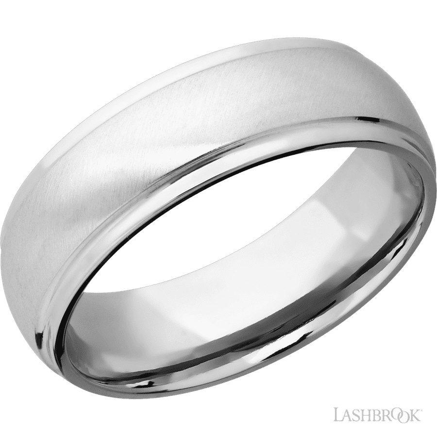 7 mm wide Domed Stepped Down Edges 14K White Gold band.