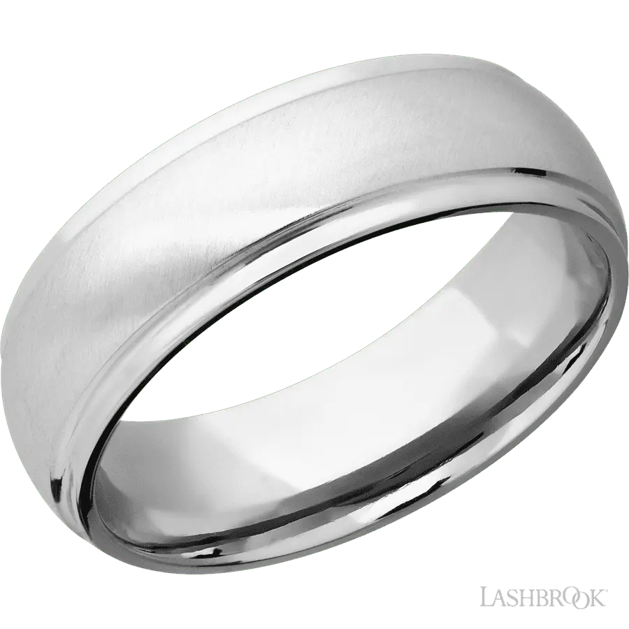7 mm wide Domed Stepped Down Edges 14K White Gold band. Lashbrook