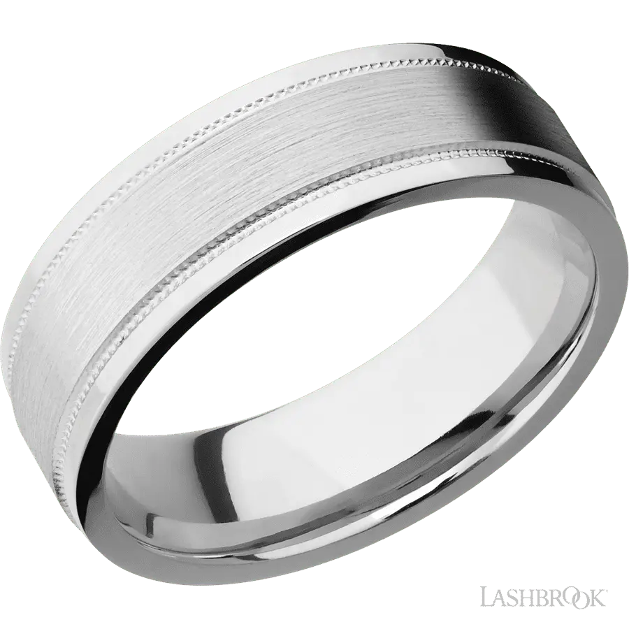 7 mm wide Flat Stepped Edges Milgrain 14K White Gold band. Lashbrook