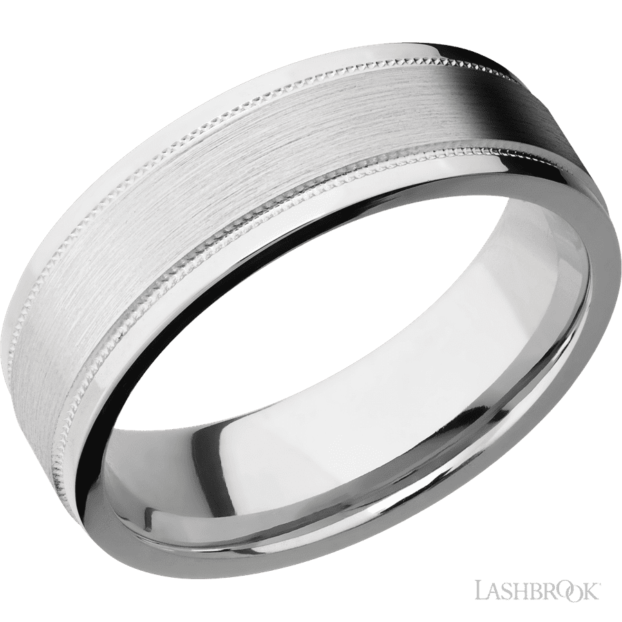 7 mm wide Flat Stepped Edges Milgrain 14K White Gold band.