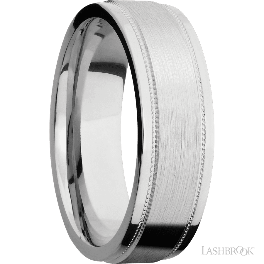 7 mm wide Flat Stepped Edges Milgrain 14K White Gold band.